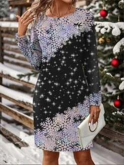Women's Christmas Dress Casual Dress Mini Dress Active Fashion Outdoor Christmas Holiday Crew Neck Print Snowman Snowflake Loose Fit Black White Wine S M L XL XXL -Tesla Style qnmjtj1697106946161