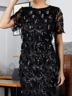 Women‘s Party Dress Fringe Dress Sequin Dress Black Dress Midi Dress Short Sleeve Pure Color Sparkly Glitter Sequins Spring Fall Winter Crew Neck Fashion Winter Dress Wedding Guest Evening Party -Tesla Style qnnzfr1692787560183