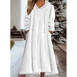 Women‘s Fleece Sweatshirt Dress Winter DressWhite Dress Midi Dress White 3/4 Length Sleeve Pure Color Pocket Winter Fall Hooded Casual Modern 2022 S M L XL 2XL 3XL -Tesla Style qohdli1666065559616