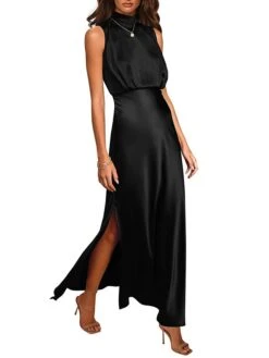 Women's Prom Dress Party Dress Satin Dress Long Dress Maxi Dress Black Light Green Wine Sleeveless Pure Color Split Summer Spring Stand Collar Fashion Evening Party Wedding Guest Vacation Loose Fit -Tesla Style qoomvb1678413535160