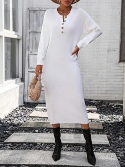 Women's Sweater Dress Winter Dress Jumper Dress Midi Dress Button Daily Date Going Out Fashion Basic Crew Neck Long Sleeve 2023 Loose Fit Black White Purple Color S M L XL Size -Tesla Style qplqtm1691991565109