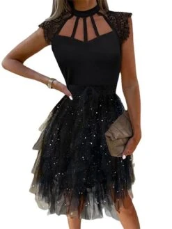 Women‘s Semi Formal Party Dress Homecoming Dress Casual Dress Sequin Dress Mini Dress Black Sleeveless Pure Color Sequins Spring Summer High Neck Stylish Weekend 2023 S M L XL XXL -Tesla Style qqsakw1656570558838