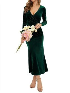 Women‘s Christmas Prom Dress Party Dress Velvet Dress Long Dress Maxi Dress Black Wine Dark Green Long Sleeve Pure Color Ruched Spring Fall Winter V Neck Fashion Winter Dress Birthday Evening Party -Tesla Style qrmucc1691402337437