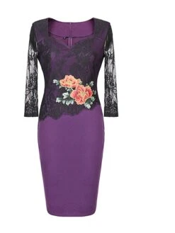Women's Party Dress Lace Dress Bodycon Midi Dress Purple Green 3/4 Length Sleeve Floral Lace Fall Winter Autumn Square Neck Stylish 2023 S M L XL XXL 3XL 4XL 5XL -Tesla Style qruoeq1645582127523