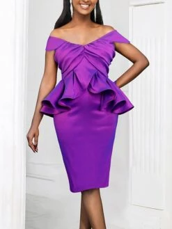 Women's Party Dress Cocktail Dress Satin Dress Midi Dress Purple Short Sleeve Pure Color Ruched Summer Spring Fall Off Shoulder Fashion Wedding Guest Vacation Summer Dress 2023 S M L XL XXL 3XL 4XL