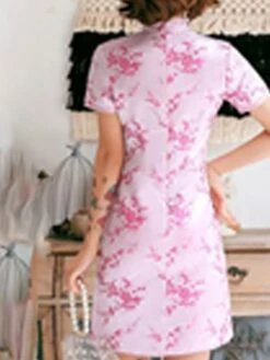 Women‘s Wedding Guest Dress Party Dress Bodycon Sheath Dress Cheongsam Dress Mini Dress Black Pink Red Short Sleeve Floral Split Spring Summer Stand Collar Elegant Weekend Spring Dress 2023 -Tesla Style qsghty1641293133358