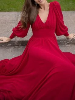 Women's Party Dress Cocktail Dress Wedding Guest Dress Long Dress Maxi Dress Wine Long Sleeve Pure Color Ruched Fall Winter Autumn V Neck Fashion Winter Dress Wedding Guest Birthday 2023 S M L XL -Tesla Style qsndim1696077525588