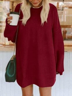 Women's Sweater Dress Jumper Dress Casual Dress Long Dress Maxi Dress Fashion Pure Color Outdoor Daily Vacation Going Out Crew Neck Long Sleeve Patchwork 2023 Loose Fit Black Rusty Red Orange S M L XL -Tesla Style qsogay1695643855815