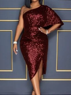 Women's Cocktail Party Dress Sequin Dress Bodycon Midi Dress Black Silver Red Half Sleeve Pure Color Sequins Spring One Shoulder S M L XL 20 Women's Cocktail Party Dress Sequin Dress Bodycon Midi Dress Black Silver Red Half Sleeve Pure Color Sequins Spring One Shoulder S M L XL -Tesla Style qswtee1639564567384