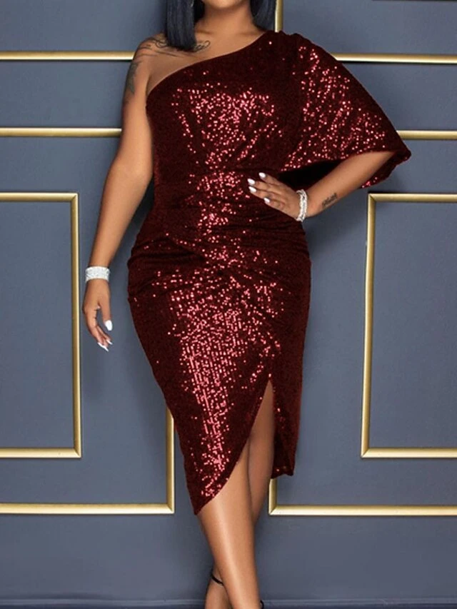 Women's Cocktail Party Dress Sequin Dress Bodycon Midi Dress Black Silver Red Half Sleeve Pure Color Sequins Spring One Shoulder S M L XL 7 Women's Cocktail Party Dress Sequin Dress Bodycon Midi Dress Black Silver Red Half Sleeve Pure Color Sequins Spring One Shoulder S M L XL - Image 5