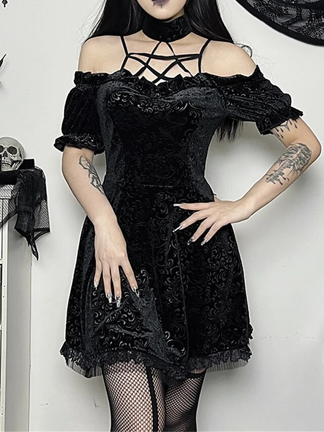 Women's Party Dress Velvet Dress Cocktail Dress Mini Dress Black Short Sleeve Pure Color Lace Spring Fall Winter Halter Neck Fashion Halloween Birthday Wedding Guest 2023 S M L 12 Women's Party Dress Velvet Dress Cocktail Dress Mini Dress Black Short Sleeve Pure Color Lace Spring Fall Winter Halter Neck Fashion Halloween Birthday Wedding Guest 2023 S M L - Image 10