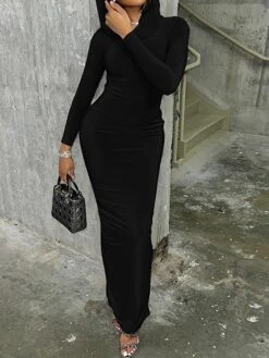 Women's Work Dress Casual Dress Sheath Dress Fashion Office Daily Long Dress Maxi Dress Ruched High Neck Long Sleeve Plain Regular Fit Black Purple Brown Spring Fall S M L -Tesla Style qsyllm1694588272203