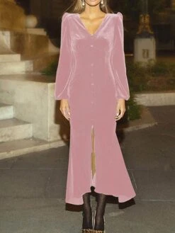 Women‘s Christmas Party Dress Velvet Dress Wedding Guest Dress Midi Dress Black Pink Wine Long Sleeve Pure Color Button Spring Fall Winter V Neck Fashion Winter Dress Office Evening Party 2023 -Tesla Style qtgqpb1692614938539