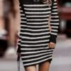 Women's Sweater Dress Winter Dress Jumper Dress Mini Dress Fashion Stripe Outdoor Daily Date Going Out Crew Neck Long Sleeve Print 2023 Regular Fit Black Brown S M L XL XXL 3XL -Tesla Style qtpcir1695025730372