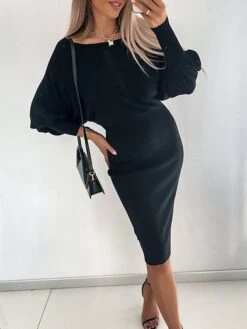 Women's Sweater Dress Winter Dress Jumper Dress Midi Dress Ruched Street Daily Going Out Fashion Streetwear Crew Neck Long Sleeve 2023 Regular Fit Black Khaki Gray Color S M L XL XXL Size -Tesla Style qudcsl1692083472778
