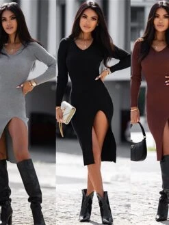 Women's Sweater Dress Jumper Dress Casual Dress Midi Dress Fashion Plain Outdoor Casual Daily Going Out V Neck Long Sleeve 2023 Regular Fit Black Brown Gray S M L XL XXL 3XL -Tesla Style qumodo1694427058517