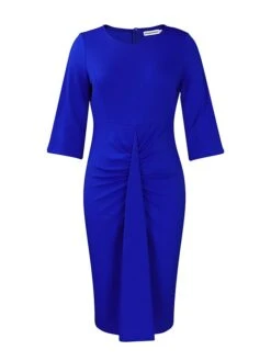 Women's Work Dress Sheath Dress White Dress Fashion Midi Dress Ruched Crew Neck Half Sleeve Plain Regular Fit White Pink Royal Blue Fall Winter S M L XL XXL -Tesla Style qutqfr1693293953962