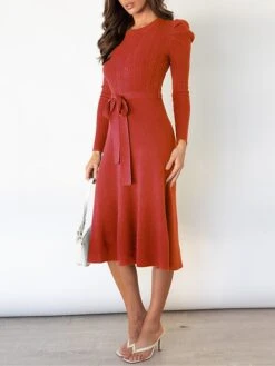 Women's Sweater Dress Winter Dress Jumper Dress Midi Dress Lace Up Ruched Daily Date Going Out Active Fashion Crew Neck Long Sleeve 2023 Slim Black Red Dark Green Color S M L XL XXL Size -Tesla Style quwitu1692174419298