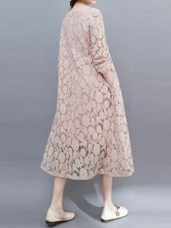 Women's Work Dress Lace Dress Black Dress Fashion Midi Dress Lace Pocket Crew Neck Long Sleeve Plain Loose Fit Black White Pink Fall M L XL XXL 3XL -Tesla Style quxrrd1693281260856