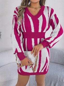 Women's Sweater Dress Winter Dress Jumper Dress Mini Dress Warm Stripe Outdoor Casual Holiday Vacation V Neck Long Sleeve Patchwork 2023 Loose Fit Green Khaki Rose Red S M L -Tesla Style qvfswg1696926508478