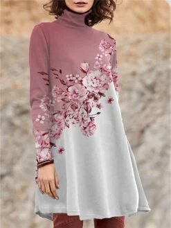 Women's Work Dress Casual Dress Swing Dress Fashion Winter Dress Daily Mini Dress Print Turtleneck Long Sleeve Floral Regular Fit Pink Blue Purple Fall Winter S M L XL XXL -Tesla Style qviuif1694426123193