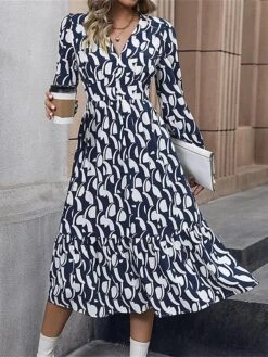 Women's Work Dress Casual Dress Swing Dress Fashion Office Daily Workfashion Midi Dress Ruched Print V Neck Long Sleeve Print Loose Fit Blue Fall Winter S M L XL -Tesla Style qvjoyn1695096217959