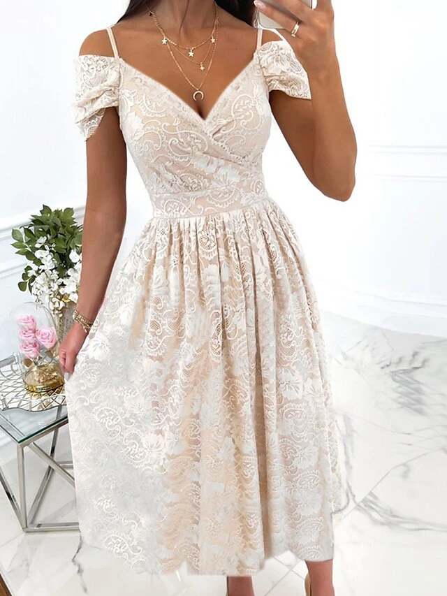 Women‘s Party Dress Lace Dress Cocktail Dress Special Occasion Holiday Wedding Guest Midi Dress Party Stylish V Neck Short Sleeve Lace Backless Loose Fit Beige Flower S M L XL 2XL 3 Women‘s Party Dress Lace Dress Cocktail Dress Special Occasion Holiday Wedding Guest Midi Dress Party Stylish V Neck Short Sleeve Lace Backless Loose Fit Beige Flower S M L XL 2XL