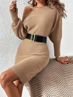 Women's Sweater Dress Winter Dress Jumper Dress Midi Dress Patchwork Street Daily Date Fashion Streetwear Crew Neck Long Sleeve 2023 Slim Black White Khaki Color S M L XL Size -Tesla Style qwfjsa1692095365637