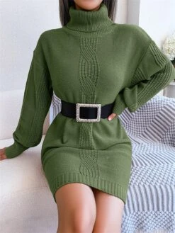 Women's Sweater Dress Winter Dress Jumper Dress Mini Dress Ruched Daily Date Going Out Active Fashion Turtleneck Long Sleeve 2023 Loose Fit White Khaki Army Green Color S M L Size -Tesla Style qwfwgp1692863442144