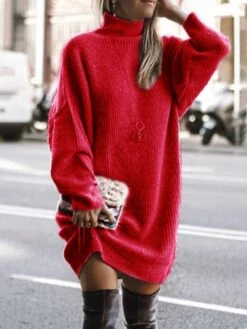 Women‘s Sweater Dress Winter Dress Green Khaki Light Gray Light Blue Long Sleeve Pure Color Knit Winter Fall Turtleneck Basic Casual Fit 2022 S M L XL XXL 3XL 4XL -Tesla Style qxhbzr1670918889282