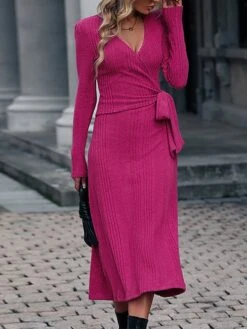 Women's Sweater Dress Winter Dress Jumper Dress Midi Dress Lace Up Ribbed Street Daily Holiday Fashion Streetwear V Neck Long Sleeve 2023 Slim Fuchsia Color S M L XL Size -Tesla Style qxrseh1693221315182