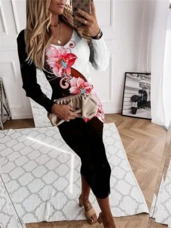 Women's Sweater Dress Jumper Dress Casual Dress Midi Dress Warm Floral Outdoor Daily Holiday Vacation V Neck Long Sleeve 2023 Regular Fit Red Blue Green S M L XL XXL 3XL -Tesla Style qylqjh1695714743198