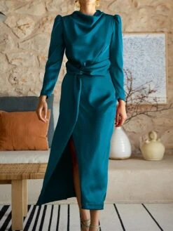 Women's Work Dress Satin Dress Semi Formal Dress Fashion Long Dress Maxi Dress Split Stand Collar Long Sleeve Plain Regular Fit Black Blue Sky Blue Fall Winter S M L XL -Tesla Style qypqih1692761655805