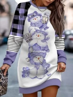 Women's Casual Dress Sweatshirt Dress Mini Dress Warm Fashion Outdoor Christmas Vacation Crew Neck Print Animal Striped Regular Fit Pink Blue Purple S M L XL XXL
