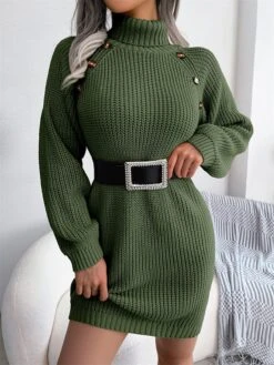 Women's Sweater Dress Winter Dress Jumper Dress Mini Dress Button Outdoor Street Daily Fashion Streetwear Turtleneck Long Sleeve 2023 Loose Fit White Pink Army Green Color S M L Size -Tesla Style qyvovi1694154097658