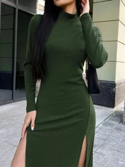 Women's Sweater Dress Jumper Dress Casual Dress Midi Dress Fashion Pure Color Outdoor Daily Vacation Going Out Turtleneck Long Sleeve 2023 Regular Fit Pink Green S M L -Tesla Style qzblnt1695643230411