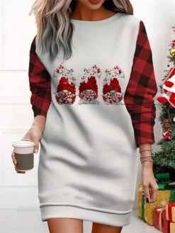 Women's Christmas Casual Dress Sweatshirt Dress Mini Dress Warm Fashion OutdoorVacation Crew Neck Print Geometric Santa Claus Loose Fit Wine Red Burgundy S M L XL XXL -Tesla Style qzkvwt1695365426949