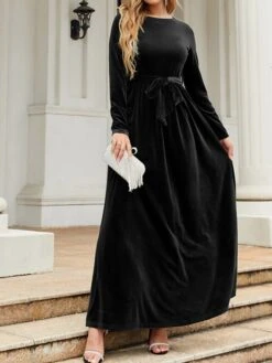 Women's Party Dress Velvet Dress Emerald Green Dress Long Dress Maxi Dress Black Wine Green Long Sleeve Pure Color Lace Up Spring Fall Winter Round Neck Fashion Winter Dress Fall Dress Spring Dress -Tesla Style qzntsw1664430787443