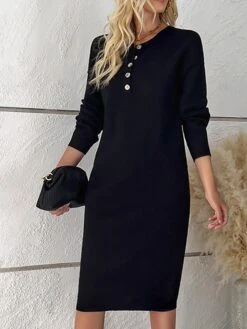 Women's Sweater Dress Winter Dress Jumper Dress Midi Dress Button Outdoor Work Street Fashion Modern Crew Neck Long Sleeve 2023 Loose Fit Black White Blue Color S M L XL Size -Tesla Style raafwp1694602807069