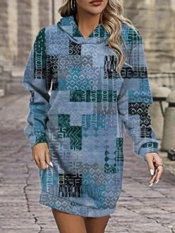 Women's Casual Dress Hoodie Dress Mini Dress Warm Fashion Outdoor Vacation Going Out Hoodie Pocket Print Geometric Regular Fit Wine Blue Khaki S M L XL XXL -Tesla Style radynb1695808198775