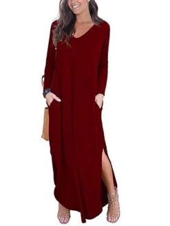 Women's Work Dress Semi Formal Dress Fashion Long Dress Maxi Dress Split Asymmetrical V Neck Long Sleeve Plain Regular Fit Wine Purple Army Green Fall Winter S M L XL XXL -Tesla Style rawbjv1694054421361