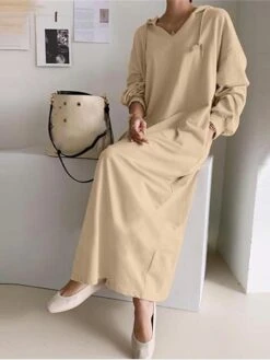 Women's Casual Dress Hoodie Dress Shift Dress Long Dress Maxi Dress Pocket Outdoor Daily Going Out Active Fashion Hooded Long Sleeve 2023 Loose Fit Black Khaki Gray Color S M L XL XXL Size -Tesla Style rawdce1693222779116