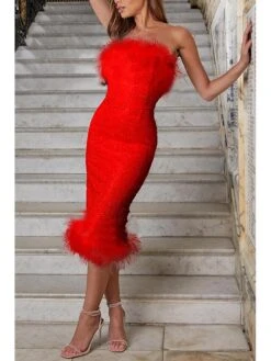 Women‘s Semi Formal Party Dress Wedding Guest Sequin Dress Feather Dress Midi Dress Black White Sleeveless Pure Color Sequins Spring Summer Strapless Weekend Slim 2023 S M L XL -Tesla Style raxeus1664280637303
