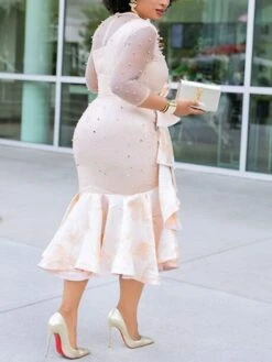 Women‘s Cocktail Party Dress Wedding Guest Dress Satin Dress Midi Dress Apricot 3/4 Length Sleeve Pure Color Winter Fall Autumn Crew Neck Evening Party Slim 2023 S M L XL 2XL -Tesla Style razxgq1665746898253