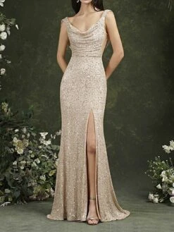 Women's Prom Dress Party Dress Sequin Dress Long Dress Maxi Dress Champagne Sleeveless Pure Color Sequins Spring Fall Winter Spaghetti Strap Fashion Wedding Guest Birthday Evening Party 2023 S M L XL -Tesla Style rbgcvt1696076700278