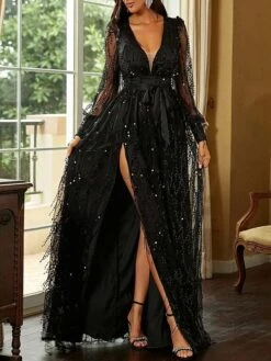 Women's Party Dress Sequin Dress Homecoming Dress Long Dress Maxi Dress Black Gold Long Sleeve Pure Color Sequins Fall Winter Autumn Deep V Modern Winter Dress Fall Dress 2023 S M L XL -Tesla Style rbniqs1693535278132