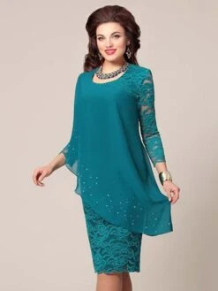 Women's Party Dress Work Dress Sheath Dress Midi Dress Navy Blue Blue Green 3/4 Length Sleeve Pure Color Lace Spring Fall Crew Neck Mature Office Summer Dress Spring Dress 2023 S M L XL XXL 3XL 4XL -Tesla Style rbpgys1635997977486