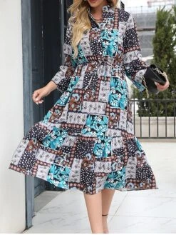Women's Work Dress A Line Dress Fashion Midi Dress Patchwork Button Stand Collar 3/4 Length Sleeve Leaf Floral Regular Fit Blue Fall S M L XL XXL -Tesla Style rbtjlx1693300578967