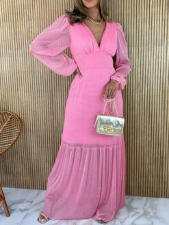 Women's Prom Dress Party Dress Sheath Dress Long Dress Maxi Dress Pink Green Dark Blue Long Sleeve Pure Color Ruched Fall Winter Autumn V Neck Fashion Evening Party Vacation 2023 S M L XL XXL 3XL 4XL -Tesla Style rbyida1695112997053