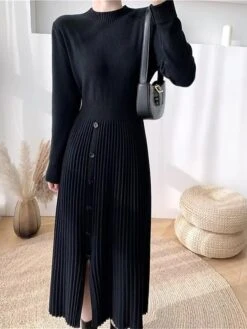 Women's Sweater Dress Winter Dress Jumper Dress Midi Dress Pleated Button Daily Date Going Out Fashion Basic Crew Neck Long Sleeve 2023 Slim Black Brown Green Color S M L XL Size -Tesla Style rbyybe1692687929599